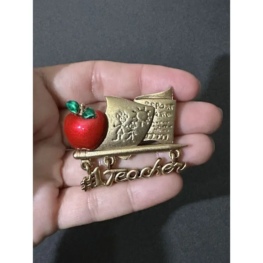 Gold Tone #1 Teacher Apple‎ Dangle Brooch Pin Great Gift Professor Vintage 